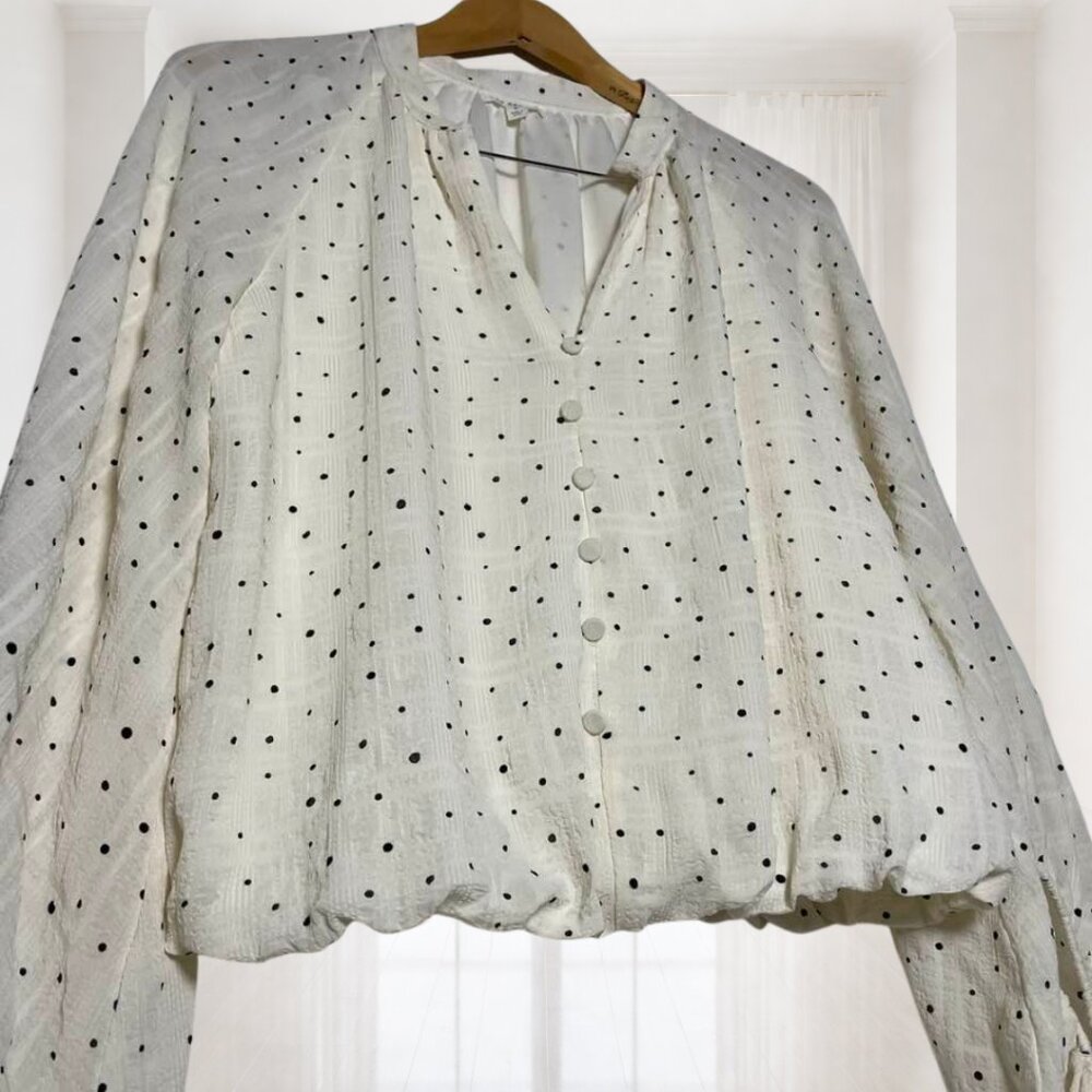 Blu Pepper Bubble Hem Blouse Balloon Sleeve Polka Dot Romantic Large - Picture 5 of 14